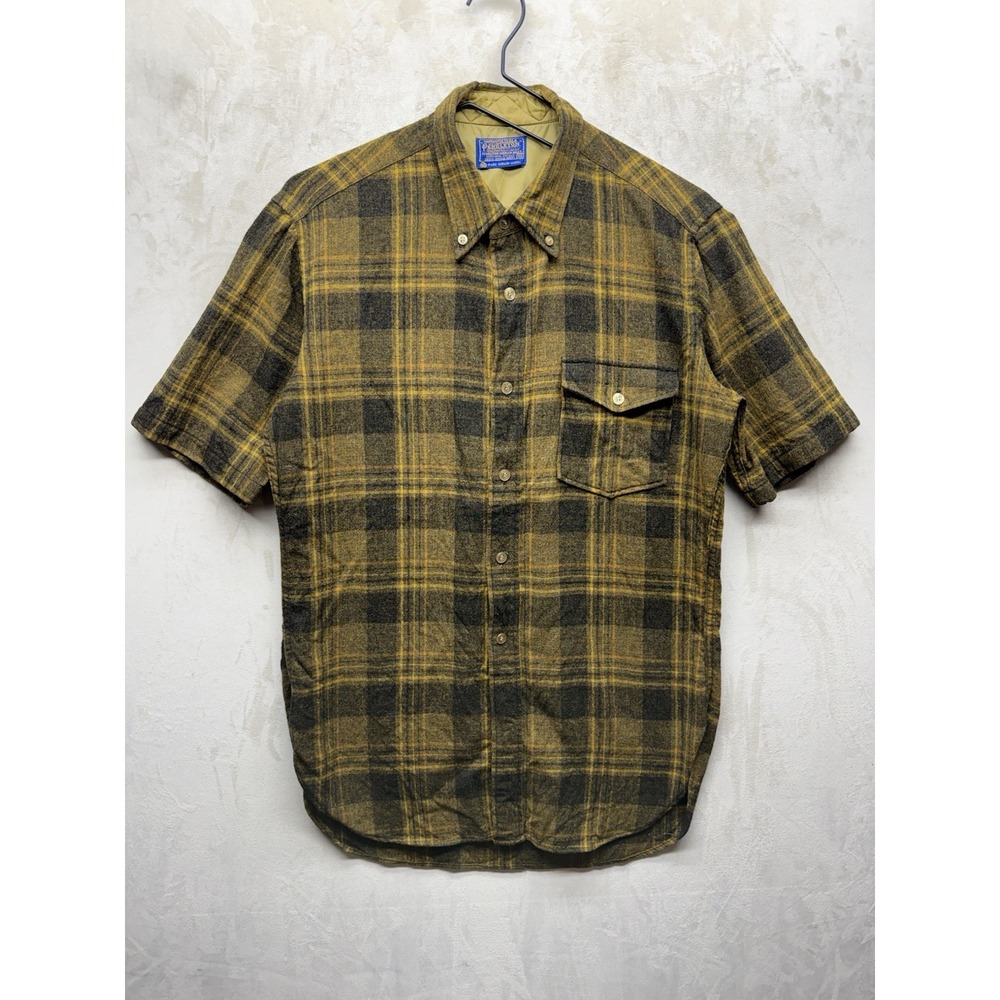 VTG Pendleton Shirt Mens Medium Short Sleeve Plaid Flannel Pure Virgin Wool 70s